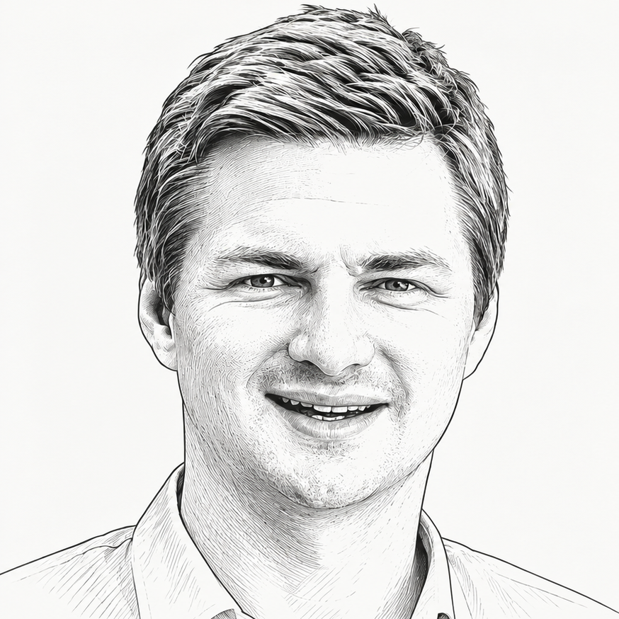 Black-and-white illustrated portrait of Tom Trones
